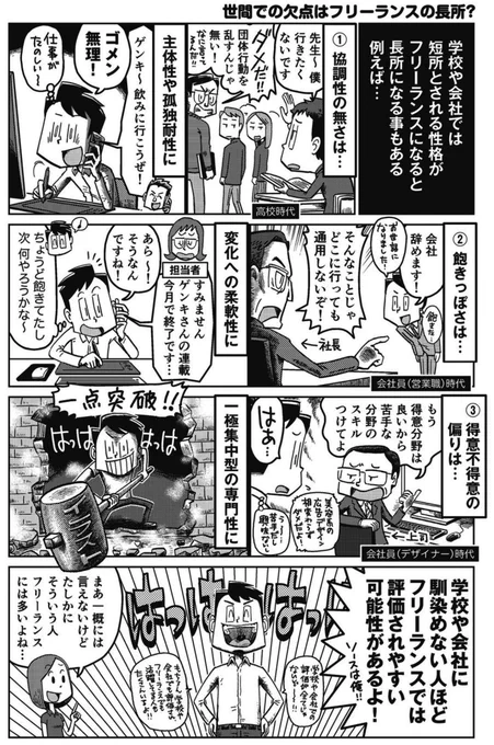 「協調性が無い」「飽きっぽい」「得手不得手にムラがある」等は学校や会社では短所とされる事が多いけど、フリーランスになると長所になる場合もある。集団や組織で評価されずに苦しんでる人は、フリーランス向きかもしれない。

▽漫画は『フリーランスの教科書 1年生』より
https://t.co/NWIMCYcpm4 