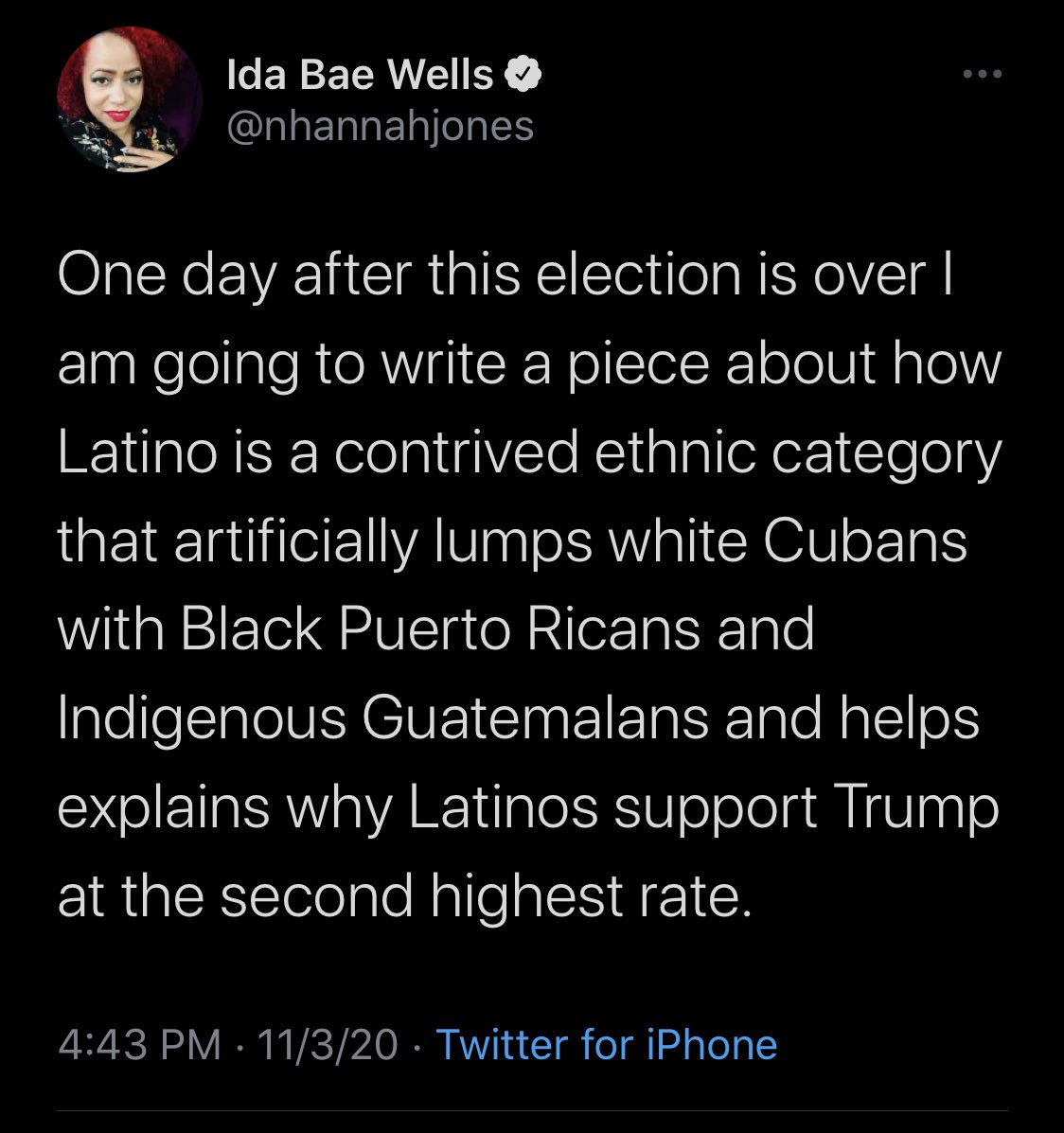 3/People like Nikole Hannah Jones still have their positions of power in places like the New York Times. In light of all the Cubans and Venezuelan ex-pats who voted for Trump, they will pump out content that claims people aren't "really" Latino unless they vote the right way: