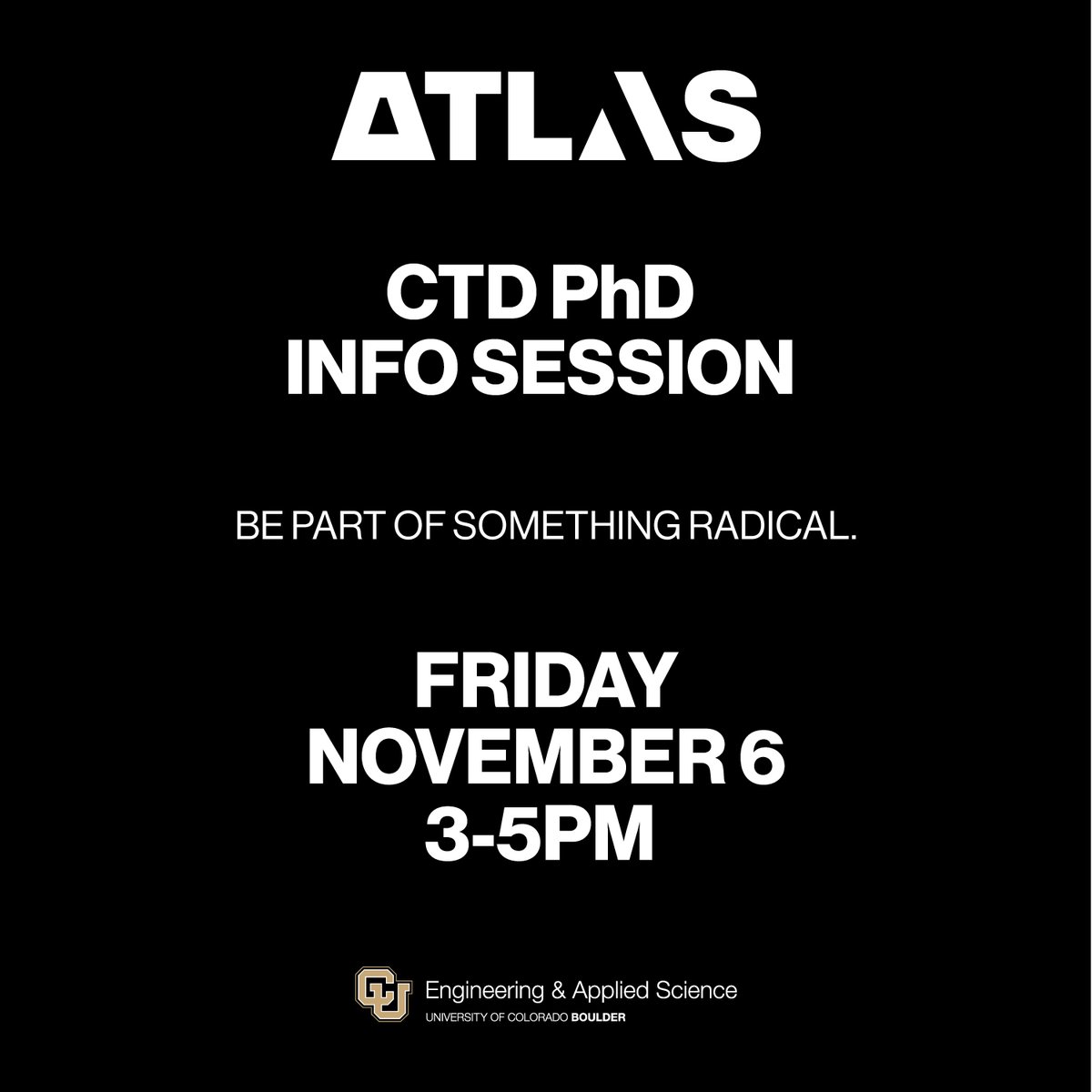 Exploring options for graduate programs at #CUBoulder?  Discover ATLAS' Creative Tech &amp; Design/CTD PhD offered through <a href="/CUEngineering/">CU Boulder Engineering 🦬</a> for research and innovation at the intersection of multiple disciplines. Join us!  Register: colorado.edu/atlas/academic…