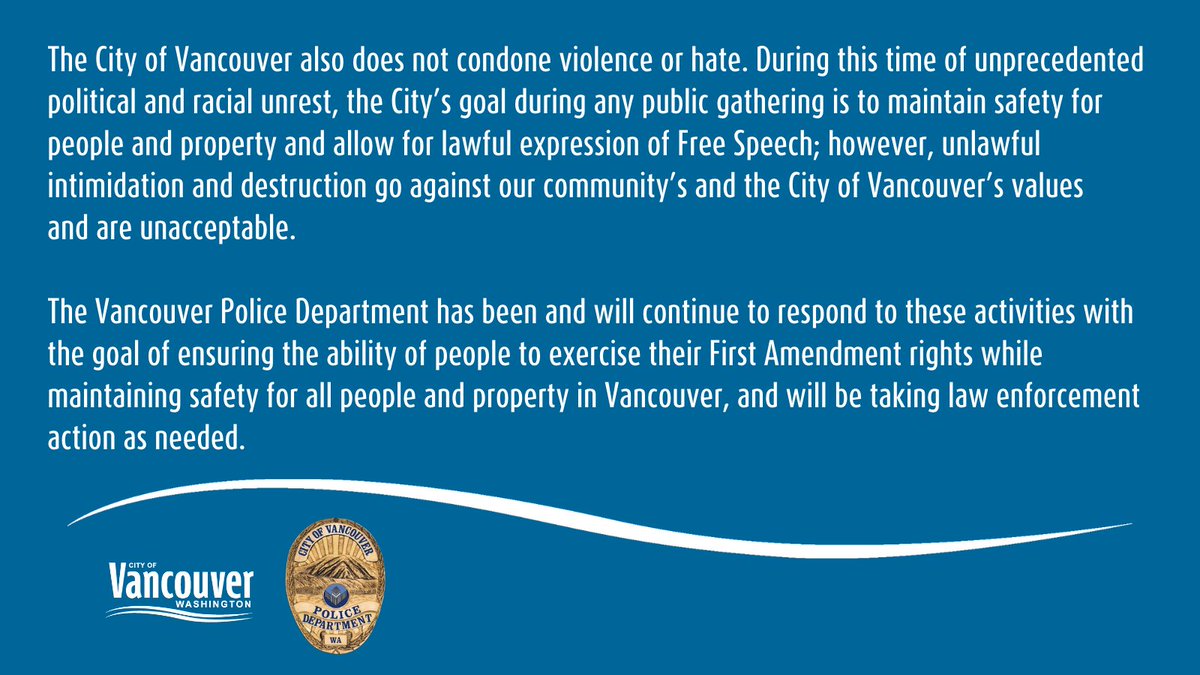 VancouverUS's tweet photo. There are some rumors spreading regarding civil unrest &amp; the City’s response. To be clear:
✔️Our police do not partner with armed civilians 
✔️we do not condone violence or hate
✔️we support #freespeech
✔️we will enforce the law if you unlawfully intimidate or destroy property https://t.co/Aomj6FVCJD