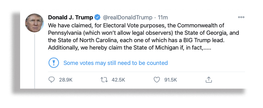 EllenLWeintraub's tweet photo. I would not have thought that I needed to say this, but candidates can’t just “claim” states.

That’s not how this works. That’s not how any of this works.

Here’s how this works: State and local election officials #CountEveryVote. https://t.co/4e5J8yEO79