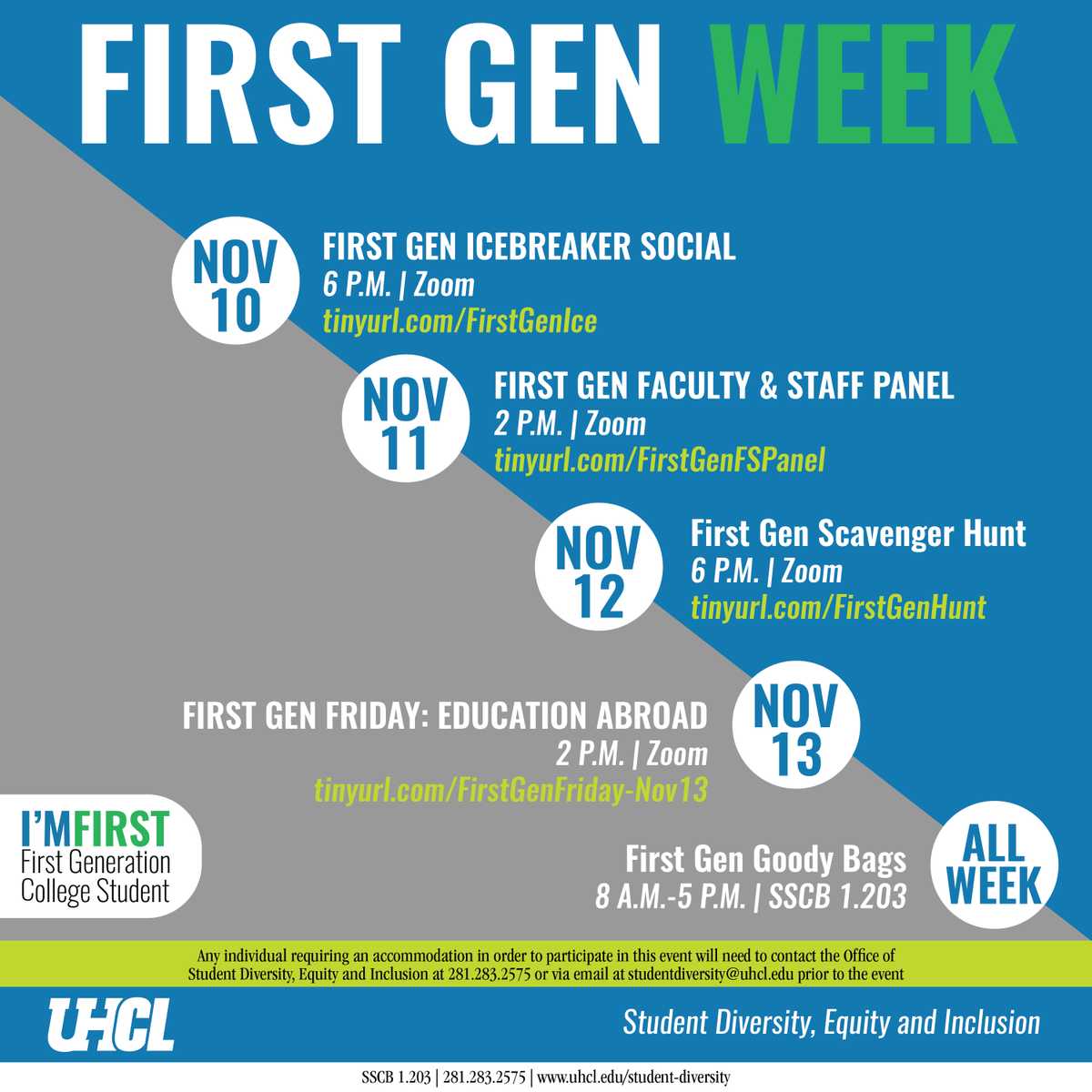 UHCLSDEI's tweet image. Reminder: First Gen Week is next week, Nov. 9th-13th! Join SDEI for fun, games, resources, advice, and connection. 

Check your email for more information about each event. 

#FirstGen #FirstGenWeek #UHCL
