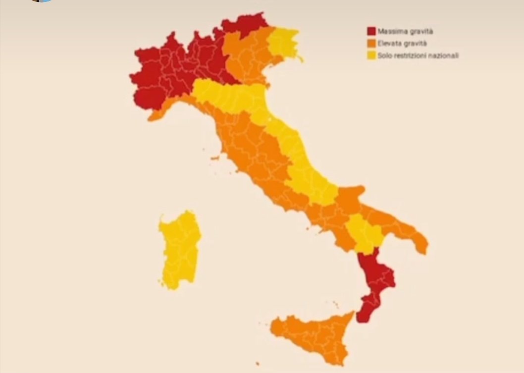 dechi87's tweet photo. Covid19 colors Italy:red, orange and jellow. Three areas at risk #COVID19 #Italy #allert #coprifuoco https://t.co/yVe6zOH3To