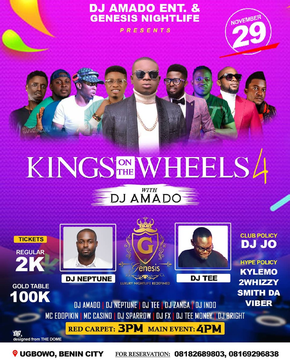D biggest south south  DJ event "KINGONTHEWHEELS"4  WITH DJ AMADDO 🍷💪🏾👑 let all  come out on the 29th November together we make an history again <a href="/deejayneptune/">DJ Neptune #GreatnessIV</a> <a href="/djteefilms/">adetokunbo odubawo</a>  live on d wheels with d top south south DJs / comedians on ground #massive 👑 #anticipate 💪🏾👑❤❤❤❤❤