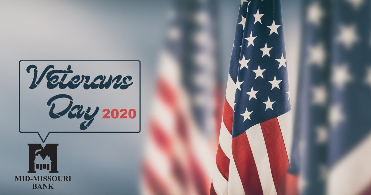 MidMoBank's tweet photo. We are grateful for all of the sacrifices made by American military #veterans of all branches. All @midmobank locations will close 11/11 in observance and reopen 11/12.

#ThankYouVeterans #VeteransDay2020 #CommunityBankOfTheFuture #BetterWaysToBank #OzarksProud Member FDIC https://t.co/C1zjRTO3g3