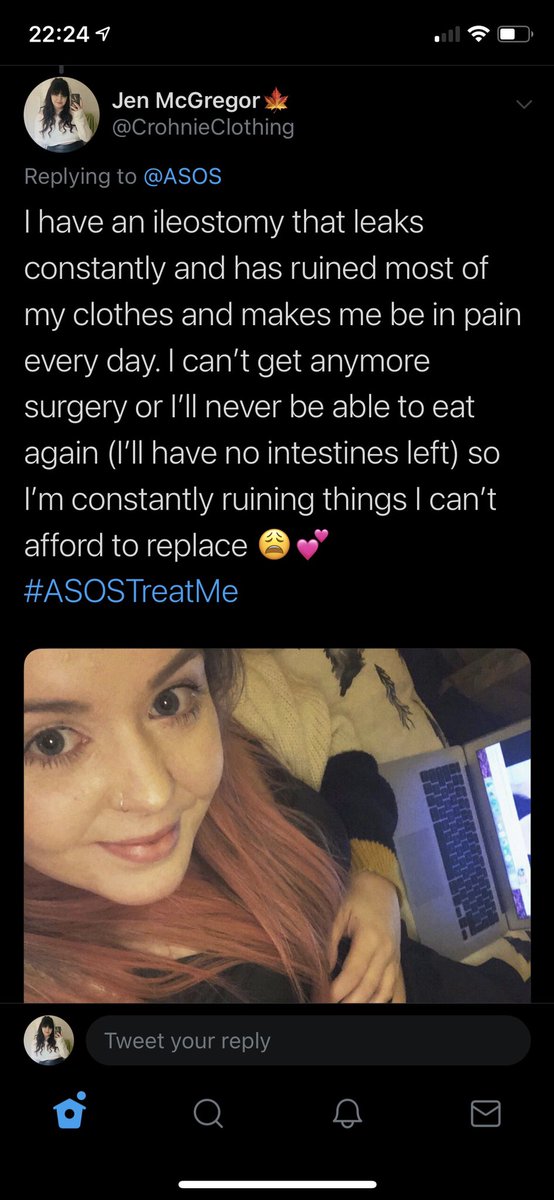 CrohnieClothing's tweet photo. I’m so fed up. I posted this picture last week about having leaks all the time ruining everything I wear/bedding but I can’t get more surgery or I’ll never be able to eat again and have no intestines. This is what I posted vs what I deal with every day. #ASOSGiftMe #ASOSTreatMe https://t.co/b4P0ZfZ2v2