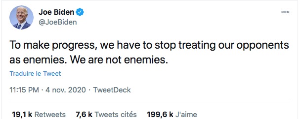 On voit bien là, la problématique du parti Démocrate: d'une part Biden qui sait qu'il ne pourra absolument pas gouverner sans compromis bipartisan avec les Républicains et d'autre part le nouveau parti Démocrate qui est déçu de ne pas avoir infligé une défaite humiliante à Trump.