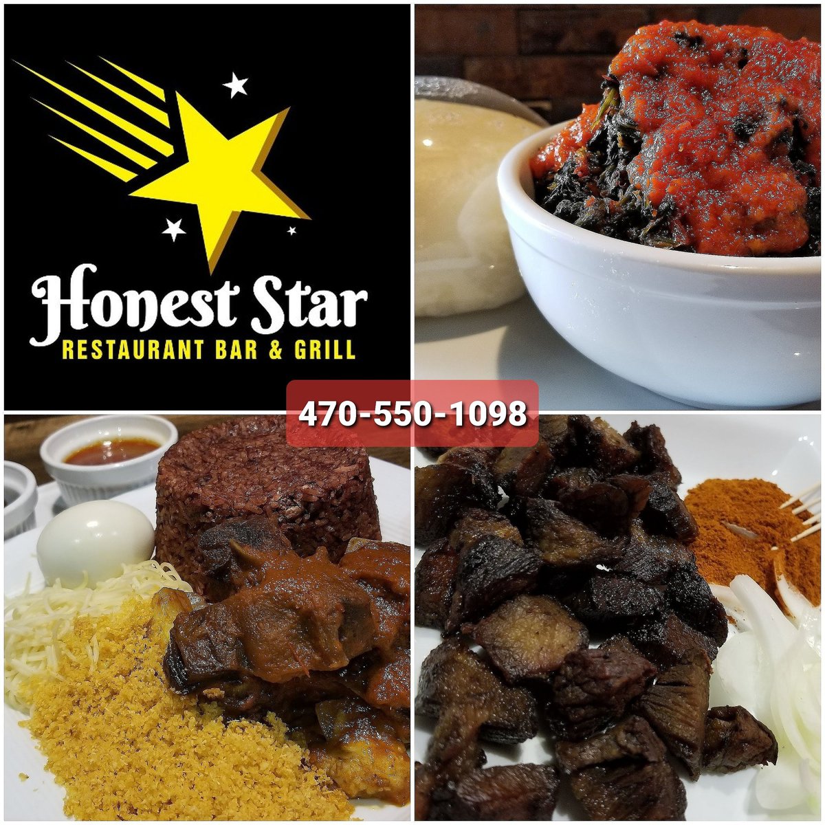 <a href="/HonestStarRest/">HonestStarRestaurant</a>
Honest Star Restaurant Bar &amp;Grill 
1848 Old Norcross Rd.
Lawrenceville, Ga. 30044
470-550-1098
470-550-1099
honeststarrestaurantbar.com

@honeststarrestaurantbar
#Africanfood, #Ghanaianfood, #Nigerianfood, #finedining, #delicious, #Africansoups, #Atlanta.