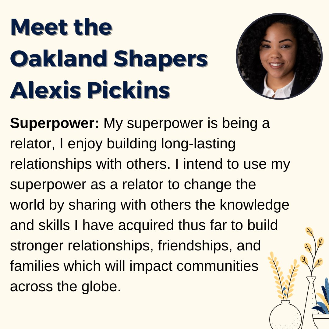 OaklandShapers's tweet photo. Meet Oakland Shaper, phenomenal woman and aspiring attorney Alexis Pickins and  join us this week to meet our Shapers to discover what superpowers we are using to shape the world!

#GlobalShapers 
#OaklandShapers
#ShapingOakland
#ShapingUs https://t.co/A7kQJAZNXI