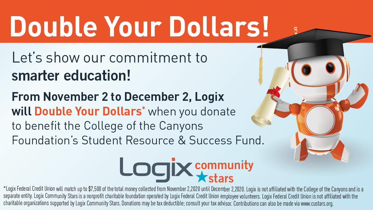 LogixFCU's tweet photo. From now until December 2, Logix will Double Your Dollars when you donate! When you visit a branch, donate just $5 or more and you’ll receive a Logix robot graduate lapel pin. Or contribute at https://t.co/79fcUhWNFT. #LogixCommunityStars #OrangeWeGlad https://t.co/amC5rfiMmr