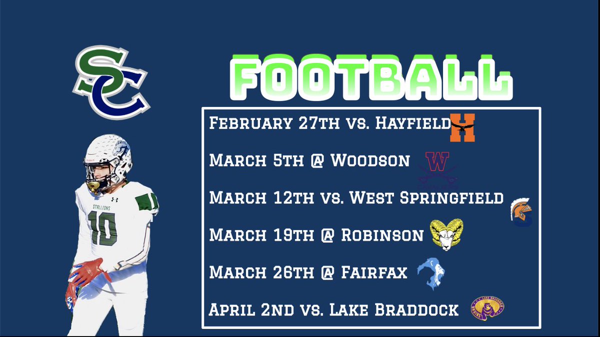 SocoNetwork's tweet photo. South County Football Schedule has been released ❄️ @SoCoFootball @GARNERyourGRIT @SoCoADSA #SNN🔥 #StallionNation 💙💚🐎 https://t.co/d2kiGDA5uY