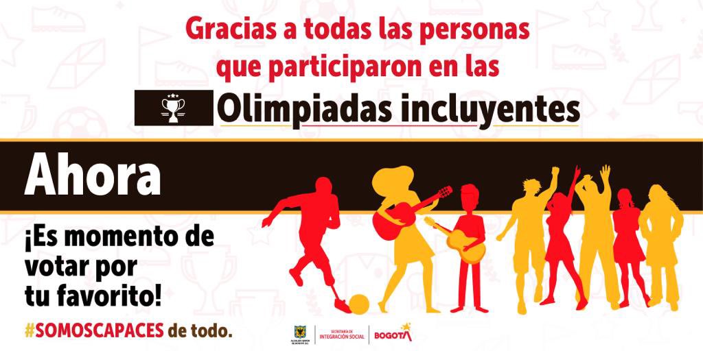 Llegó la hora de votar por tu video favorito de las Olimpiadas Incluyentes ¿cómo?, es muy fácil. 
Ingresa a bit.ly/olimpiadasincl… y dale clic en el corazón del video que más te guste. 
Las votaciones se cierran hoy a las 11:00 p.m. 
#SomosCapaces