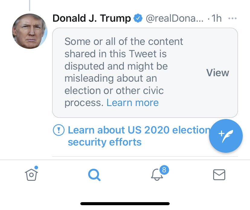 jake_chalkey's tweet photo. @realDonaldTrump WTH. Here comes the Twitter CENSORSHIP  Popo flagging content on election by #trump. Can u see them doing this w Biden? BTW #civicintegrity? #BigTechCensorship #NoFreeSpeech Get use to it right. https://t.co/B9UTH0e6gl