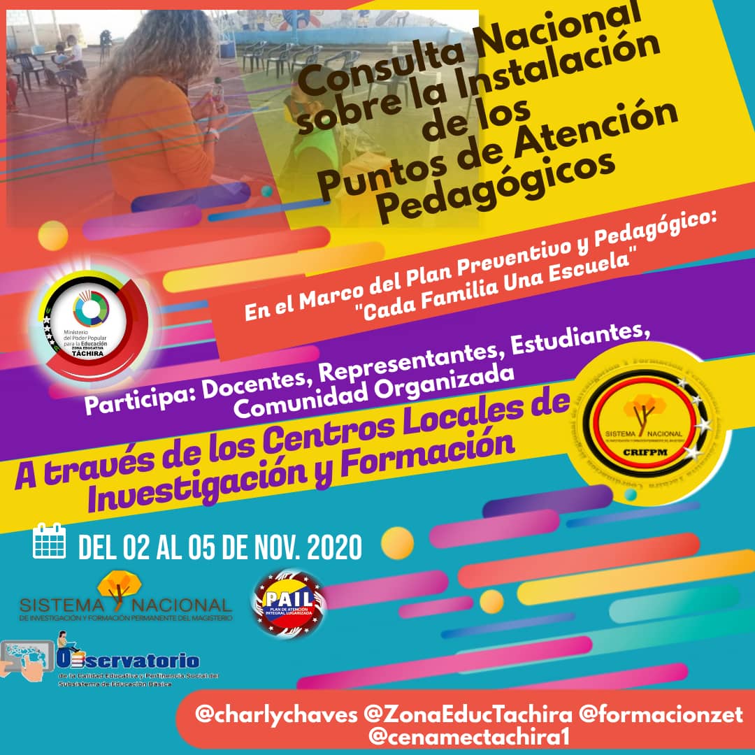Les invitamos a participar en la Consulta nacional sobre la instalación de los puntos de atención pedagógicos del 02 al #05nov a través del clifpmv de tu municipio.
<a href="/charlychaves/">Charly Rojas Chaves</a> @ZonaEducTachira <a href="/cenamectachira1/">Crifpzetachira</a> @formacionzet <a href="/cenamec_centros/">Coordinación Nacional de los Centros</a> <a href="/Crazet2011/">Crazet2011</a>