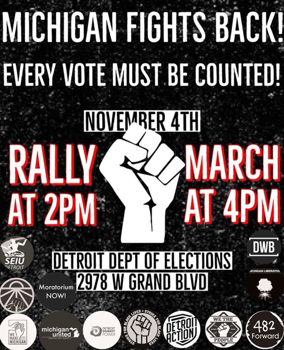 jenelaina's tweet photo. Join if you can! But a reminder to folks - let the election workers counting votes do their job and please avoid TCF formerly known as the historical jerk named Cobo. SPEAK UP but for positivity &amp; democracy. Don't give the orange twit any excuse.

Thank you. ❤️
#CountEveryVoteMI https://t.co/5bMUr00PvY