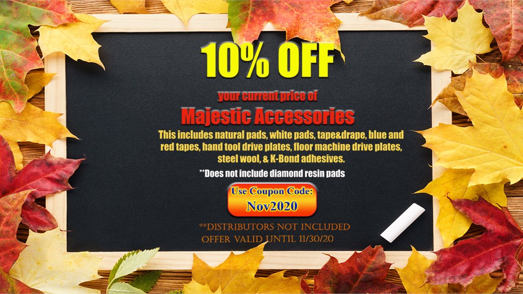 SCCPRO1's tweet photo. 10% off Majestic Accessories November 2020 Sale!
#MarblePolishing #FloorBurnishingPads #DrivePlates #Tape
#SteelWoolPads #PolyesterResinFiller #SCCPRO #NovemberSale #Accessories https://t.co/nDHnQ9hXzF