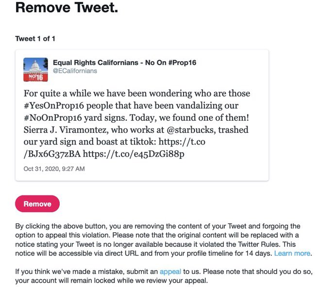 ECalifornians's tweet photo. Yesterday, #Elections2020 day, @Twitter put me into censorship jail for 12 hours, because of a previous post exposing how #YesOnProp16 vandalized our #NoProp16 yard signs.
With $20m, they could not win this campaign. But Twitter still decided to oppress our speech.
We still won! https://t.co/ovoD2wBuCd