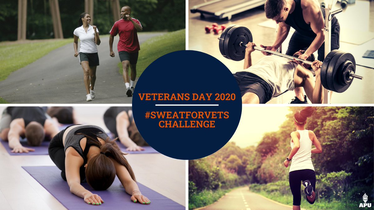 AmericanPublicU's tweet photo. This #VeteransDay, honor a veteran in your life by participating in our #SweatForVets challenge! Between now & Nov. 11, join our challenge by:
โ๏ธ Dedicating a workout to a veteran๐โโ๏ธ๐ดโโ๏ธ๐๏ธโโ๏ธ๐งโโ๏ธ
โ๏ธ Share a sweaty selfie & the name of the veteran youโre sweating for using #SweatForVets https://t.co/cXxVaK4QHv