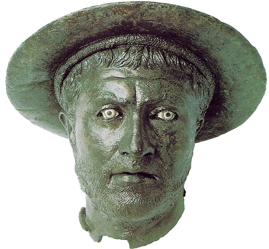 Bronze male head wearing a broad-brimmed hat (kausia) Greek, 3rd century B.C. Found in the sea off Kalymnos in 1997.