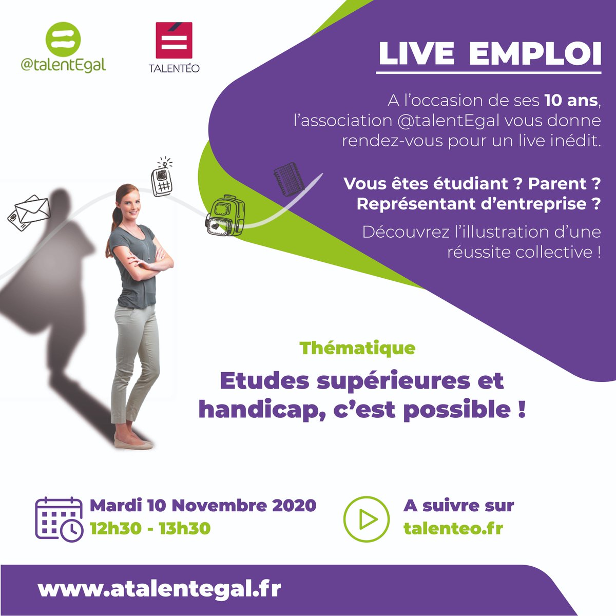 Talenteo's tweet photo. [Live 💻 ]

✅Etudes supérieures et #handicap, c’est possible !

▶️ Rdv ce mardi 10 novembre avec l'association A Talent Egal pour un live #emploi inédit.

💪 Etudiant, parent ou entreprise, découvrez l’illustration d’une réussite !

--
cc @pole_emploi @StudyramaEmploi @Le_CIDJ https://t.co/Ld52WgUi6Q