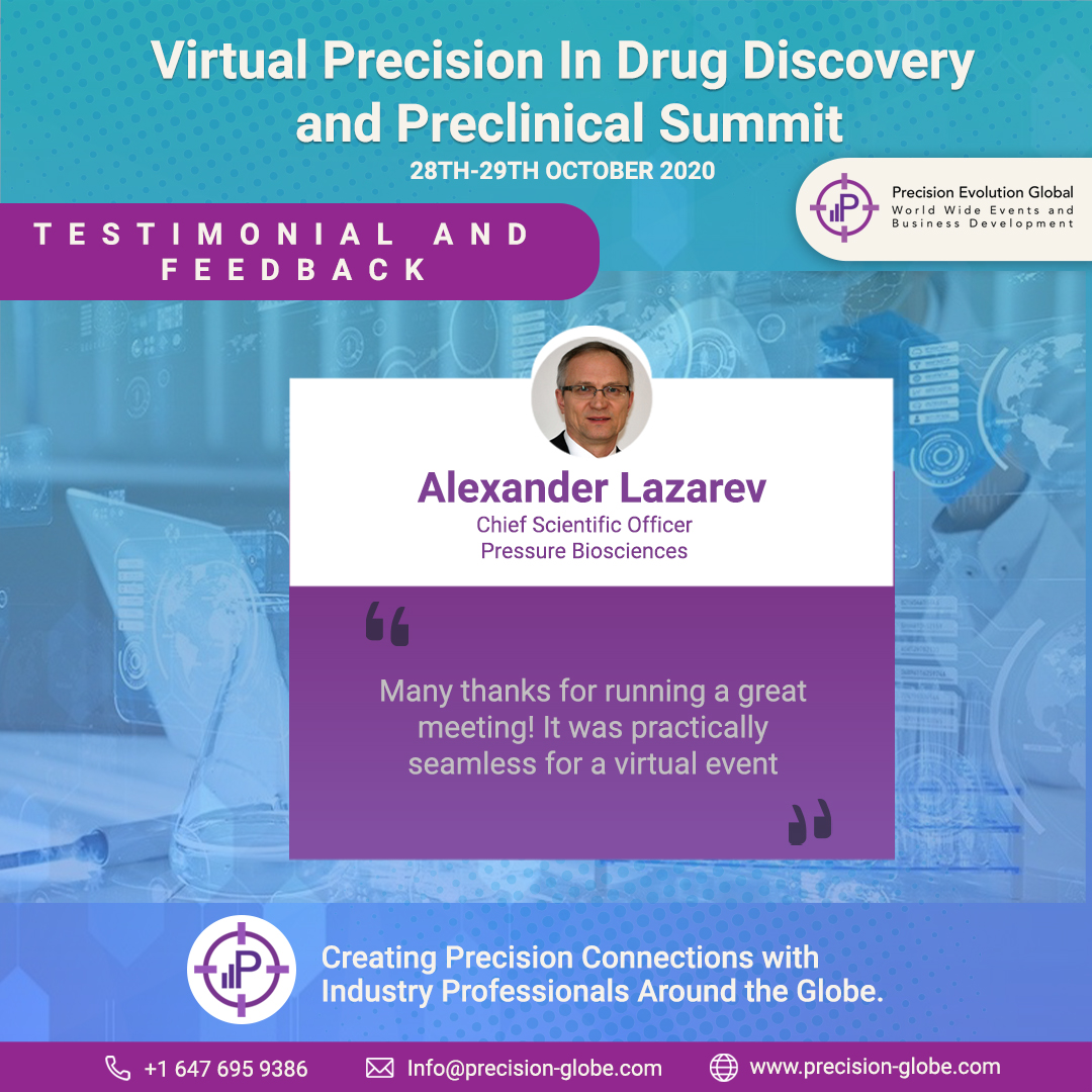 PrecisionEvolu1's tweet photo. @PrecisionEvolu1 was honored to have Dr. Alexander Lazarev- Chief Scientific Officer from @PresBioSciences speak at last week's #VirtualPDDP Summit.

If you missed it email us for a recording! Info@Precision-Globe.com

#drugDiscovery #Preclinical #Tech #Science https://t.co/BhKRkyoAqf