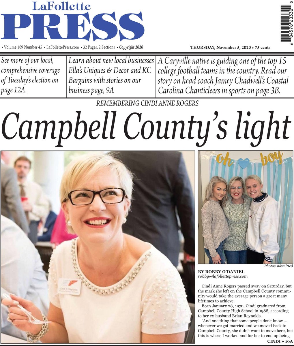 lafollettepress's tweet photo. The lead story in tomorrow's LaFollette Press is all about remembering Cindi Anne Rogers, Campbell County's light. https://t.co/hFS6Vi4z5F
