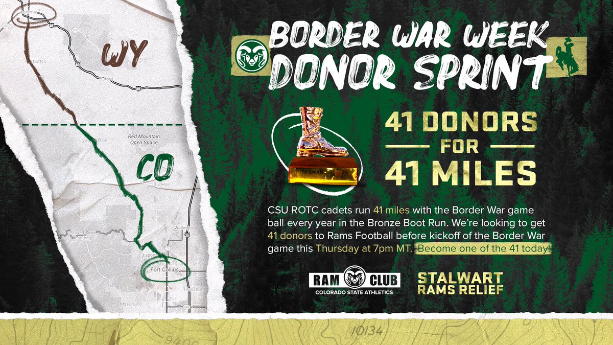 Less than 2 days left to reach our goal of 41 donors to <a href="/CSUFootball/">Colorado State Football</a> before kickoff this Thursday at 7pm MT! Here we go, Rammies, make your gift today and help us get 41 donors in honor of CSU ROTC's 41-mile Bronze Boot Run! #StalwartRams

🎁: csura.ms/2GomTMU