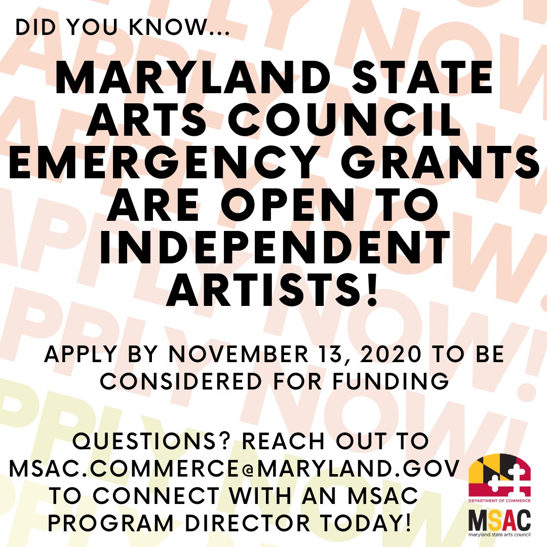 Are you an independent artist looking for funding? 

Emergency Grants funds artists for losses sustained due to the COVID-19 State of Emergency.

Visit tinyurl.com/msacemergencyg… or email msac.commerce@maryland.gov to directly connect with an MSAC Program Director!