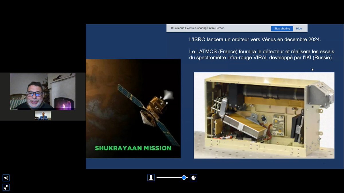 Pierre Bousquet : la roadmap de l'ISRO est tout à fait logique dans l'exploration du système solaire : Lune, Mars : maintenant Vénus avec la mission Shukrayaan, et le CNES est partenaire avec le détecteur pour le spectromètre IR embarqué avec l'IKI.Mission prévue pour 2024.
