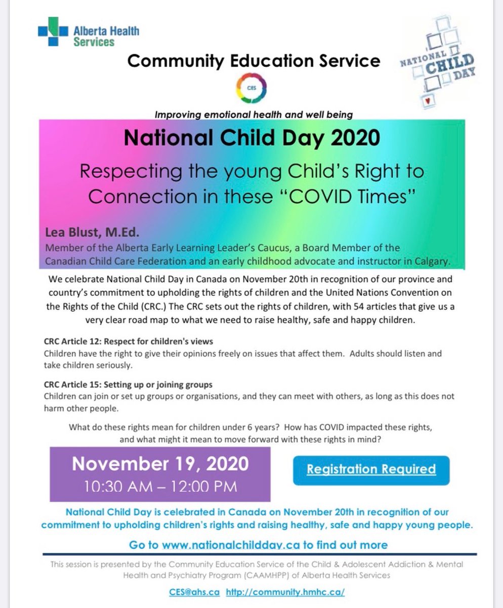 YycNat's tweet photo. Celebrate National Child Day by learning a bit more about how we can support children in the year ahead. Join these  @CES_AHS  webinars and hear from two amazing champions of children! #childrenhaverights #earlychildhoodeducationmatters https://t.co/yK7cVy3M06