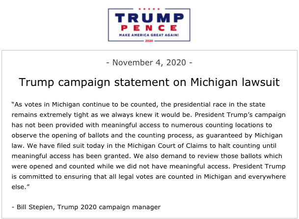TeamTrump's tweet photo. Trump campaign statement on #Michigan lawsuit https://t.co/T7FSfp3MVA