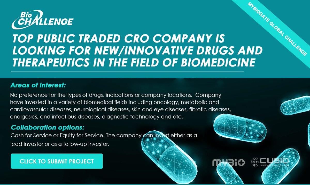 The Global Challenge is still ongoing! A CRO is looking to collaborate. They're looking for new innovative drugs and therapeutics in the field of biomedicine. For more information, to view submitted projects, and to submit your own, please click the link.

challenge.mybiogate.com/cell-and-gene-…