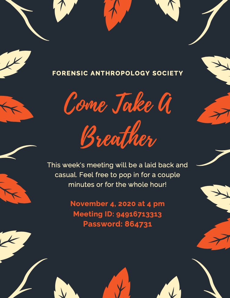 FAStxstate's tweet photo. With everything going on in the world at this time, we decided to have a more laid back and casual meeting today! We’ll be having an open discussion about all things forensic anth as well as watching a few movie clips. Feel free to stop in! https://t.co/qH4SL7KrA6