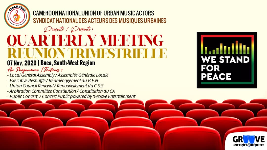 #EVENT 7 November in #Buea #Cameroon with #Synamurca : Quarterly Meeting and #urban #live #show 

Bienvenue à la Réunion Trimestrielle du @Synamurca avec #concert #WeStandForPeace #DeboutPourLaPaix #GrooveEntertainment