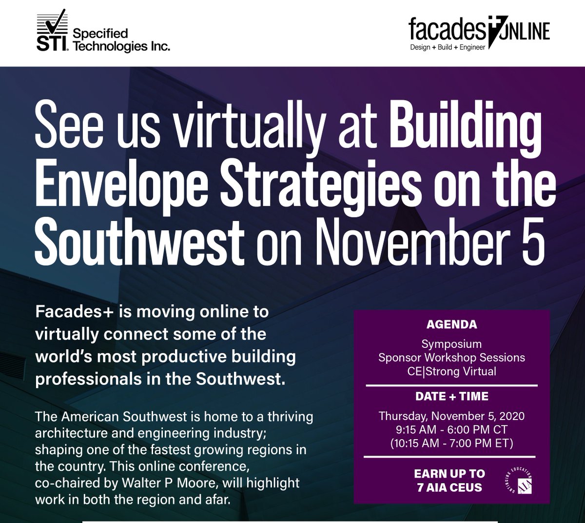 STI_FIRESTOP's tweet photo. Join us for #Facades Virtual on November 5th, Building Envelope Strategies on the #Southwest. Don't forget to check out our very own Aaron Alterman speak on Perimeter Fire Barrier Systems for Today’s Hybrid Window Wall Designs and earn 1 LU/HSW Credit. #EarnCredit #OnlineCredit https://t.co/J7aB9onT5U