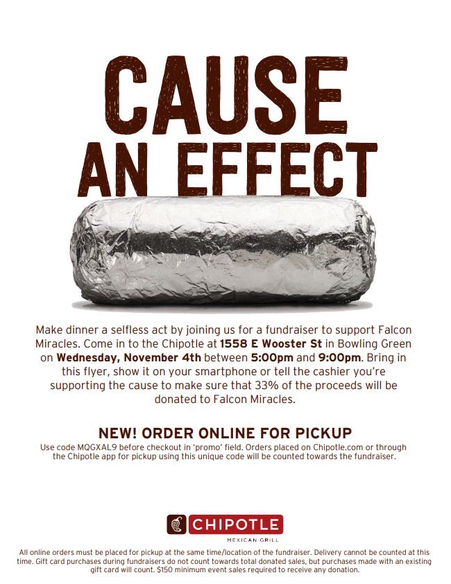 Stop by Chipotle today from 5-9! When you show this flyer or use the code MQGXAL9 (online orders), you are supporting the kiddos. If you stop by, take a pic, share and tag us!