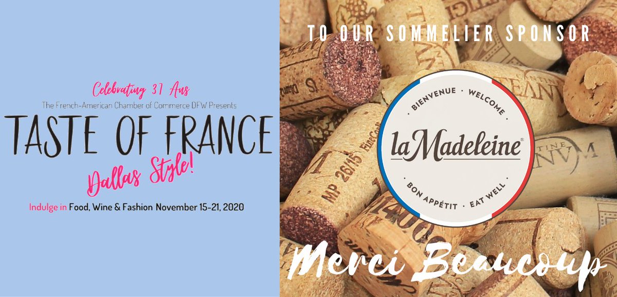 FACCdfw's tweet photo. {11.15.2020 Taste of France} We are thrilled to announce the support of @laMadeleine as a "Sommelier" sponsor to help us celebrate the wines &amp; gourmet traditions of France, Dallas Style! 

Visit our event page for more information: https://t.co/s0Ol6BhCEV https://t.co/sjwb0wfDtD