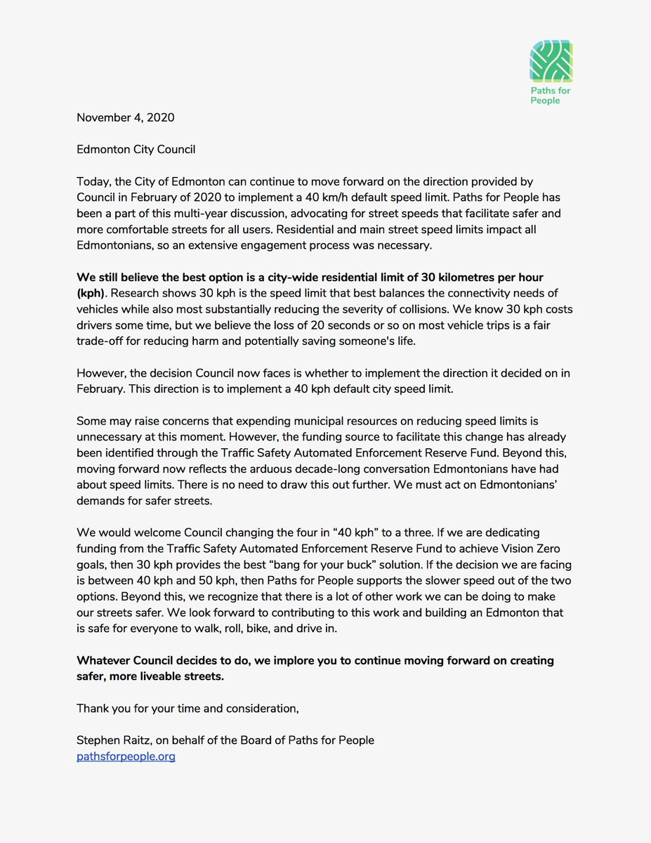 pathsforppl's tweet photo. Our letter to Council regarding today’s Public Hearing on Safer Speed Limits along Residential Streets and Main Streets #yegcc #YEGCoreZone https://t.co/kIyYnbpsqr