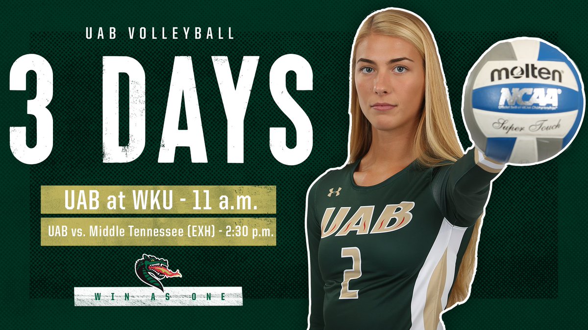 UAB_VB's tweet photo. We're 3️⃣ days away from our first match of the season‼️

The Blazers head to Bowling Green, Ky. on Saturday for a matchup against WKU. UAB will then play Middle Tennessee in an exhibition match.

#WinAsOne �� https://t.co/Q1TyldoaJs