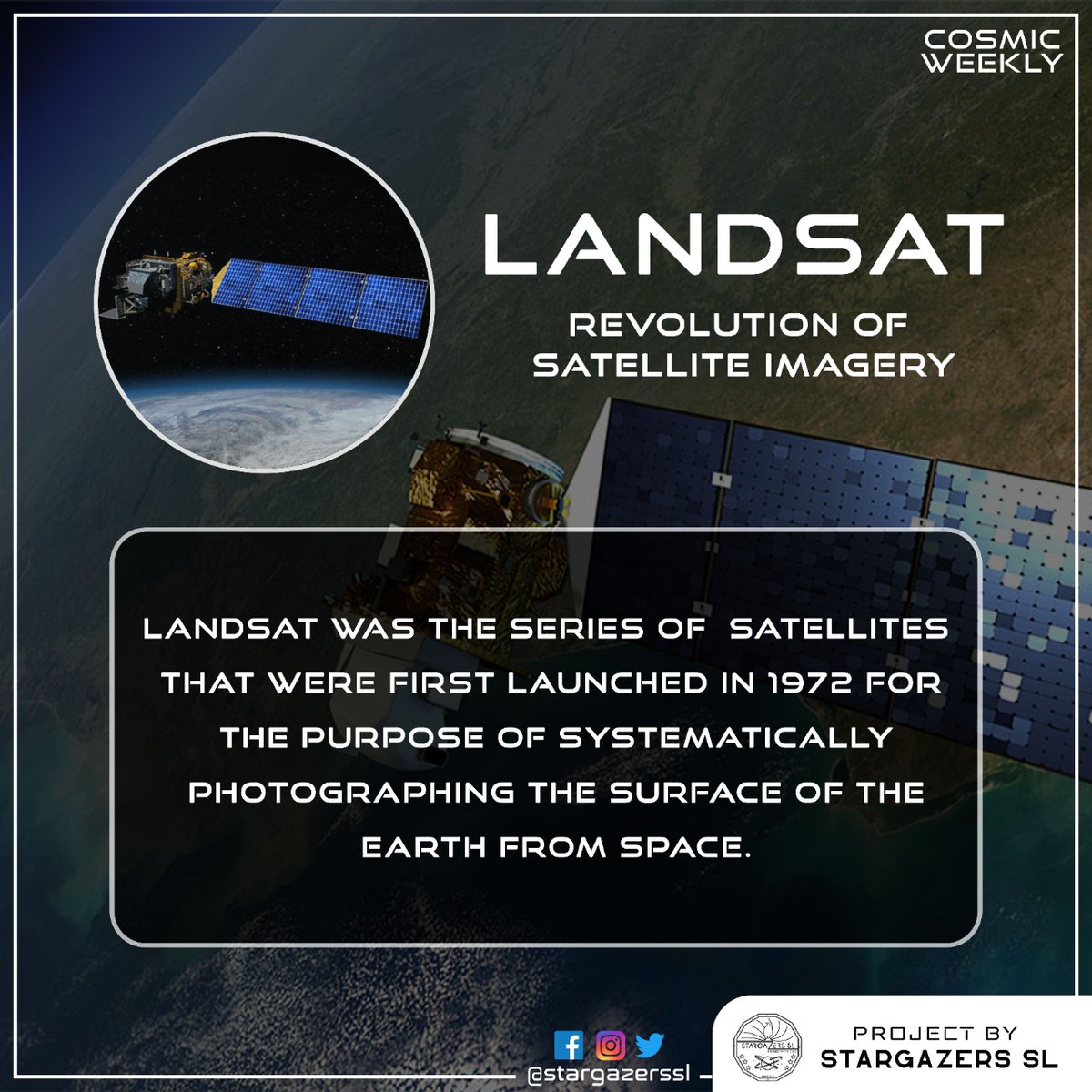 StargazersSl's tweet photo. The Landsat Program is a series of Earth-observing satellite missions jointly managed by NASA and the U.S. Geological Survey. On July 23, 1972, in cooperation with NASA, the Earth Resources Technology Satellite (ERTS-1) was launched. 

#cosmic_weekly
#stargazerssl
#sl_astronomy https://t.co/2zfbVYZAn9