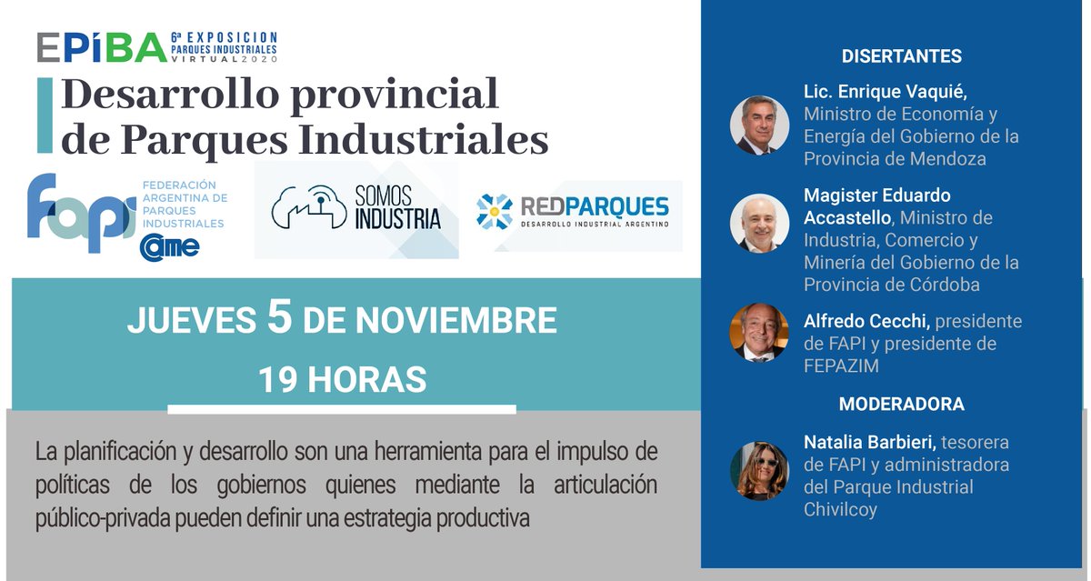 Mañana jueves 05/11 a las 19 hs., te invitamos a pasar por #EPIBA2020 y participar de nuestro panel: “Desarrollo provincial de Parques Industriales".
Para asistir al evento ingresá acá 👉 bit.ly/31T2Hdv