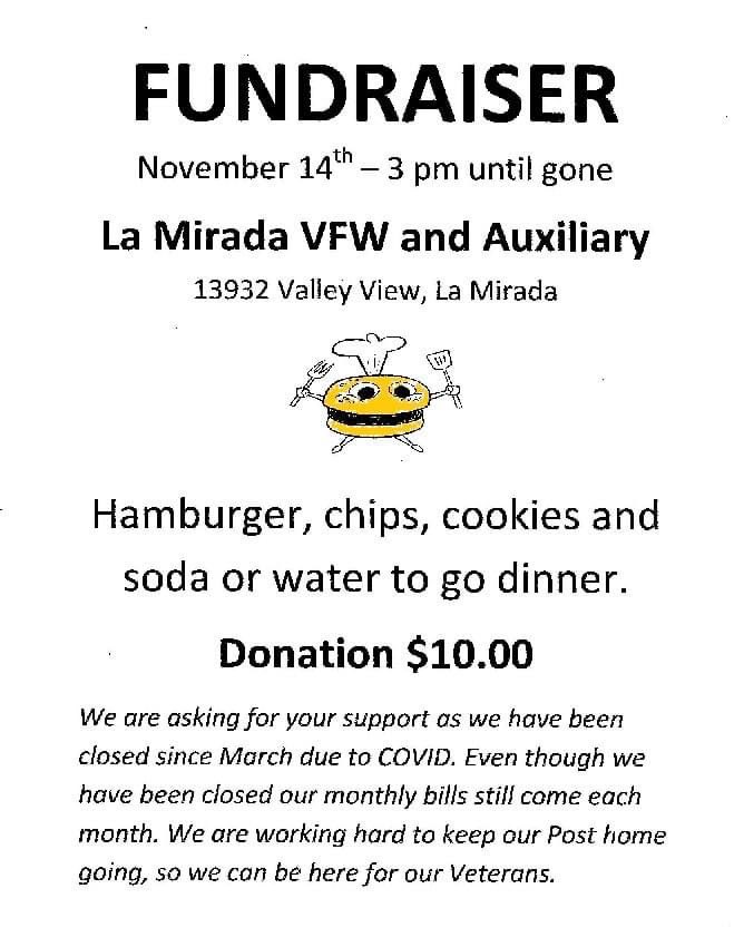 LaMiradaLewis's tweet image. La Mirada VFW Fundraiser on November 14th at 3:00 PM - Let's Support Our Local Veterans. The La Mirada Veterans of Foreign Wars Post 9148 is in need of your support to keep the doors open due to the closure of businesses by the state and county - come on out!