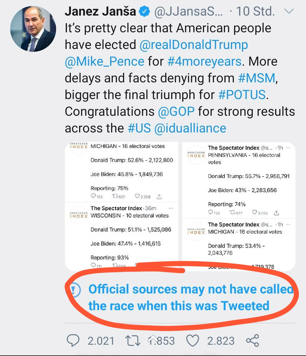 InsightBeats's tweet photo. The first president of an #EU country to have his tweet marked as incorrect. Congratulations, @JJansaSDS 👏 #USAElections2020 https://t.co/F3N7FYAQ13