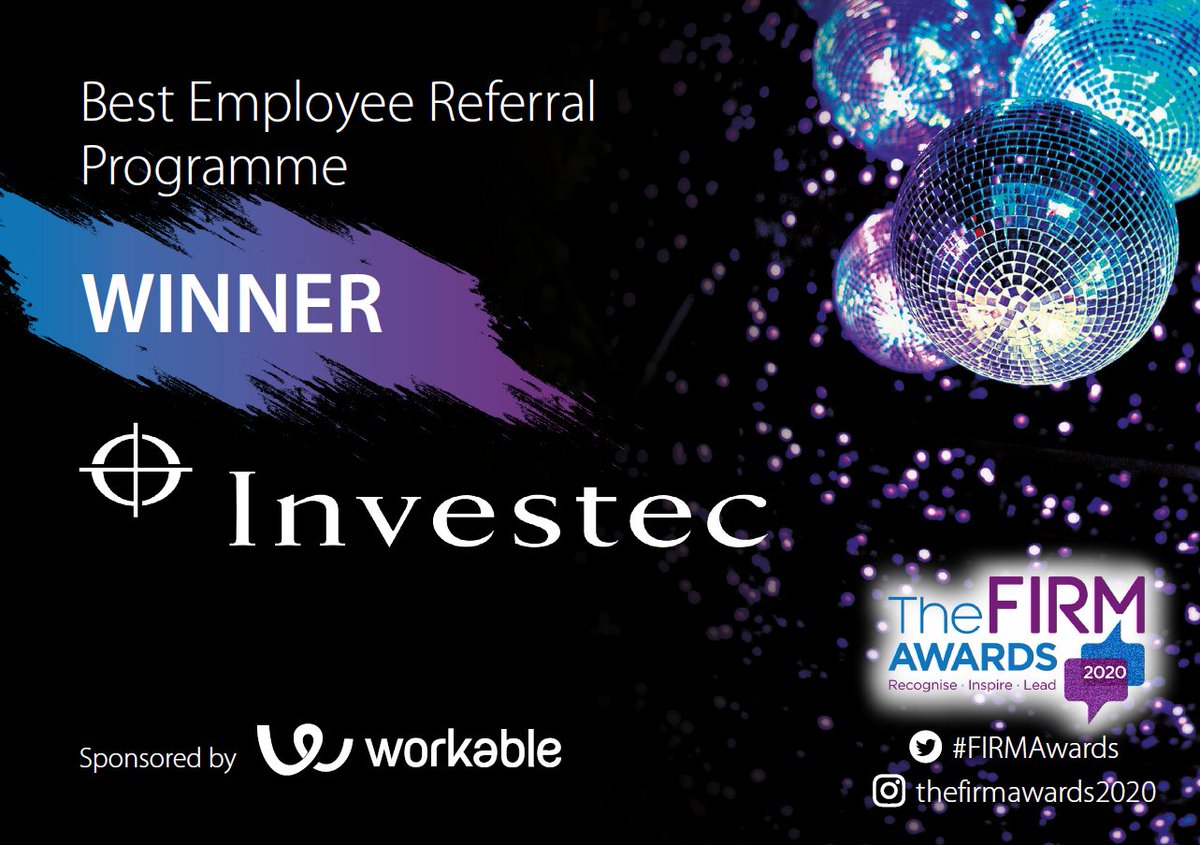TheFirmRecruits's tweet photo. 👏Huge congratulations to @Investec the winner of our Best Employee Referral Programme Award sponsored by @Workable 🥂#FIRMAwards #FIRMAwards2020 #FIRMRecruitmentLeaderOfTheYear https://t.co/tPdOhwlxP5