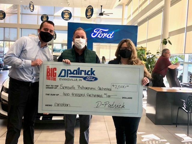 EvansvillePhil's tweet photo. We want to thank @dpatevansville for the $2,500 check presentation this morning at the D Patrick Ford Lincoln dealership.  Representatives Peter O'Daniel &amp; Tim Keith were on-hand to present the check to #EvansPhil Executive Director, Kimberly Bredemeier. 

#dpatrickford #EPOProud https://t.co/SKixuAGLz6
