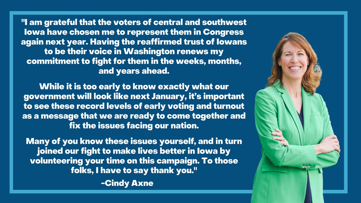 Axne4Congress's tweet photo. I am grateful that the voters of central and southwest Iowa have chosen me to represent them in Congress again next year.

My statement on this result and the tallying still being done in this historic election. ⤵️ #IA03 https://t.co/wQmwO3Sv5r