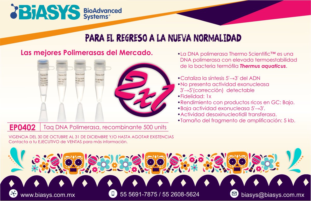 BioadvancedS's tweet image. 💀🧬🚨 PROMOCIÓN 🚨🥼🧬
2X1 en Taq DNA Polimerasa.  Cat. EP0402 
2X1 en Dream Taq DNA Polimerasa  Cat. EP0702
Mrca. Thermo Scientific 
#dnapolimerasa #bioadvancedsystems
#thermoscientific 
Consulta a tu Ejecutivo de Ventas para Mayor Información 
o contactanos por Redes Sociales.