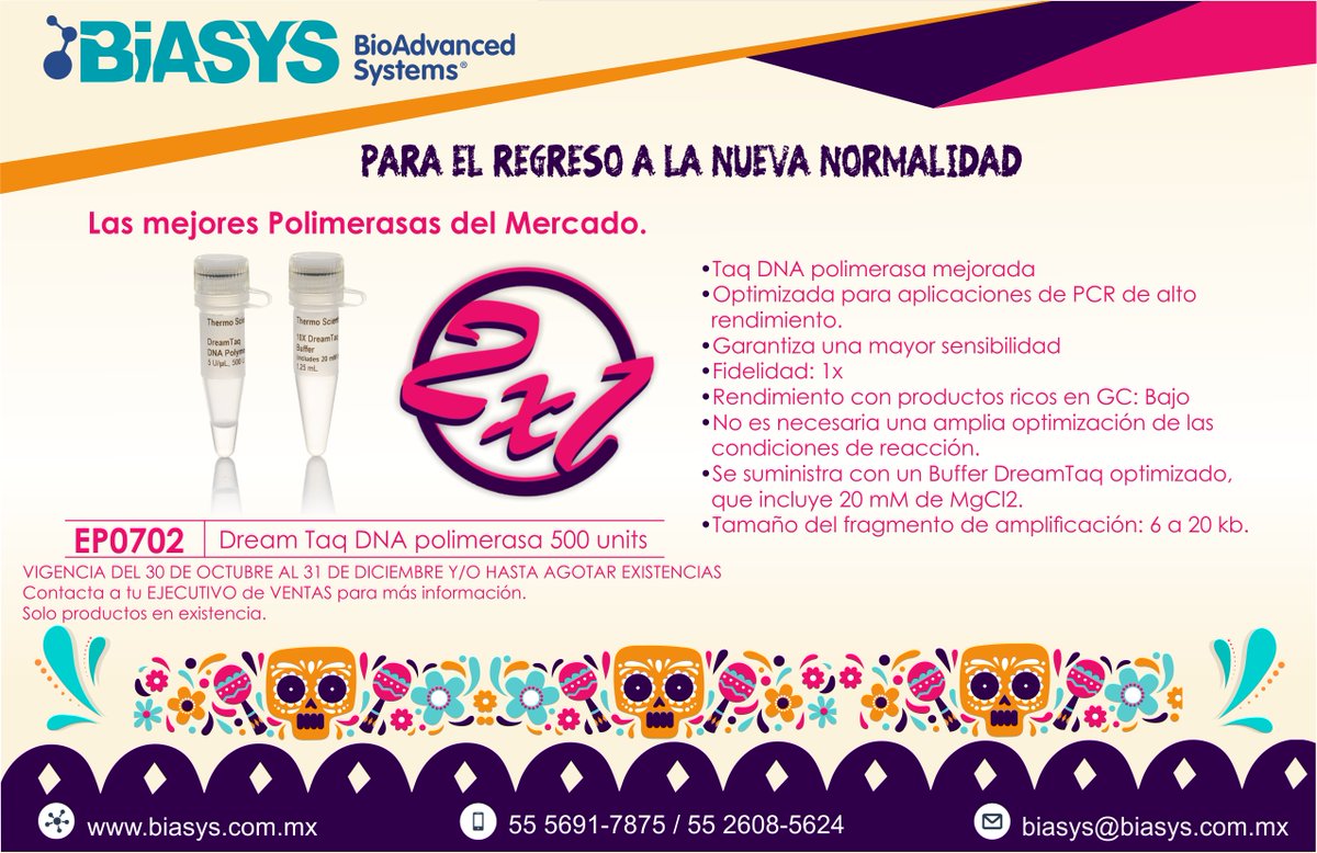 BioadvancedS's tweet image. 💀🧬🚨 PROMOCIÓN 🚨🥼🧬
2X1 en Taq DNA Polimerasa.  Cat. EP0402 
2X1 en Dream Taq DNA Polimerasa  Cat. EP0702
Mrca. Thermo Scientific 
#dnapolimerasa #bioadvancedsystems
#thermoscientific 
Consulta a tu Ejecutivo de Ventas para Mayor Información 
o contactanos por Redes Sociales.