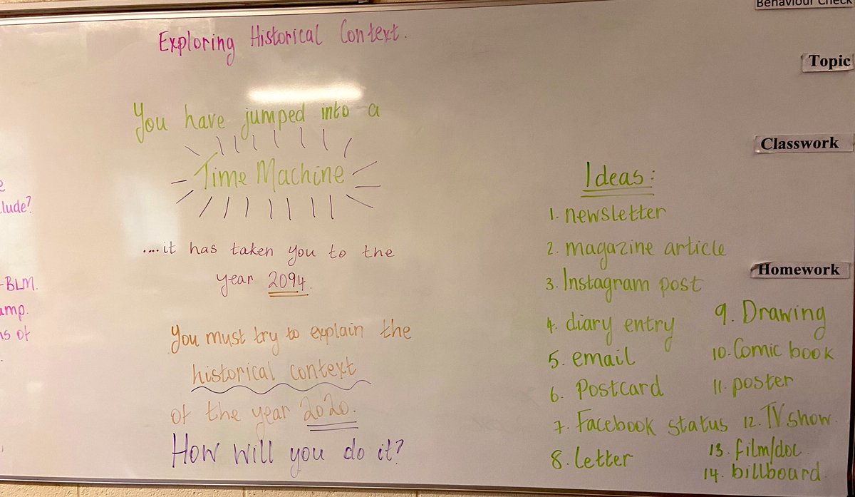 English_BCS's tweet photo. After exploring the historical context of #TKAMB our 2nd year class had to explain the historical context of 2020 after landing their time machine in 2094... We brainstormed, debated and the results proved how truly creative our students are!💡 https://t.co/Rfi9OxOWCx