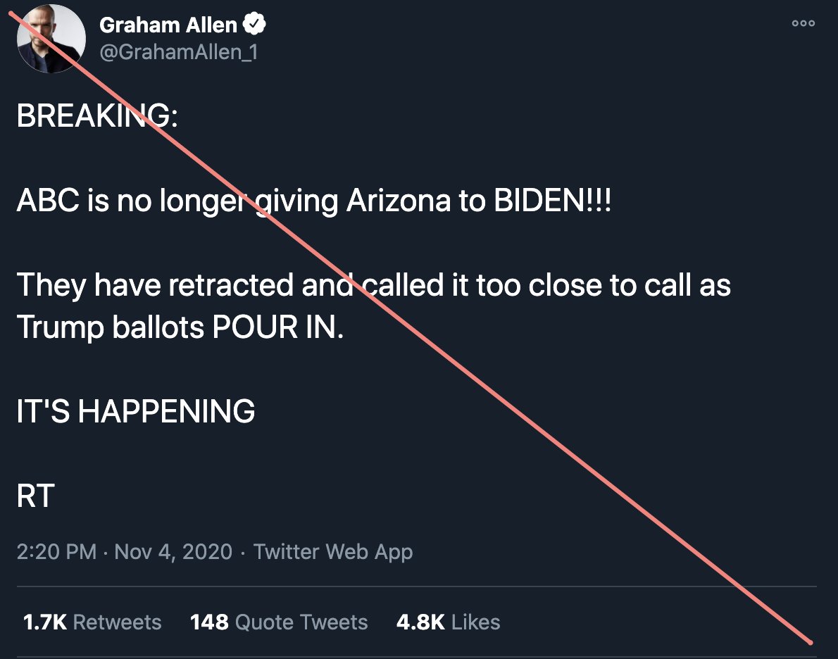 6. ABC has not called Arizona in the first place (src  https://abcnews.go.com/Elections/2020-us-presidential-election-results-live-map).It's not happening. Don't RT.